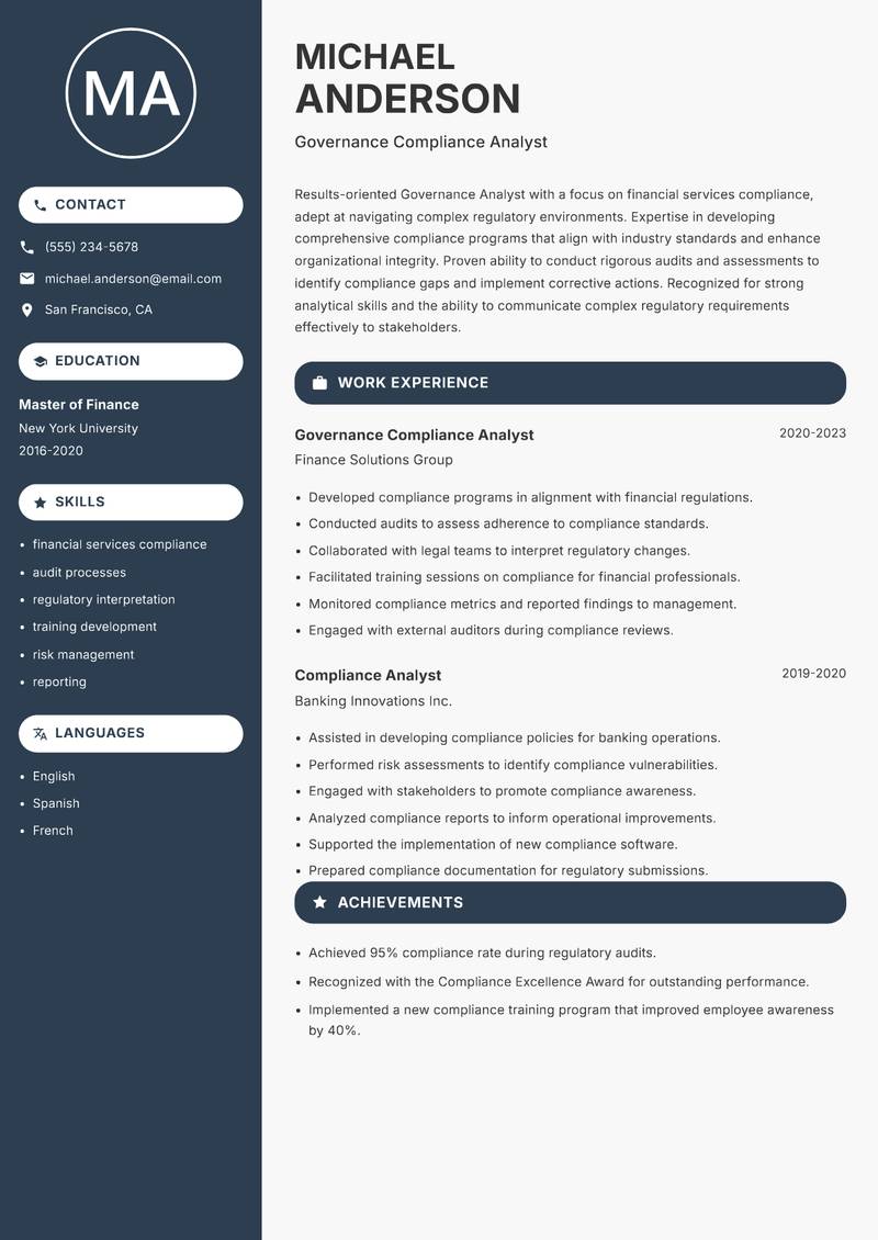 Governance Analyst Resume Preview Example