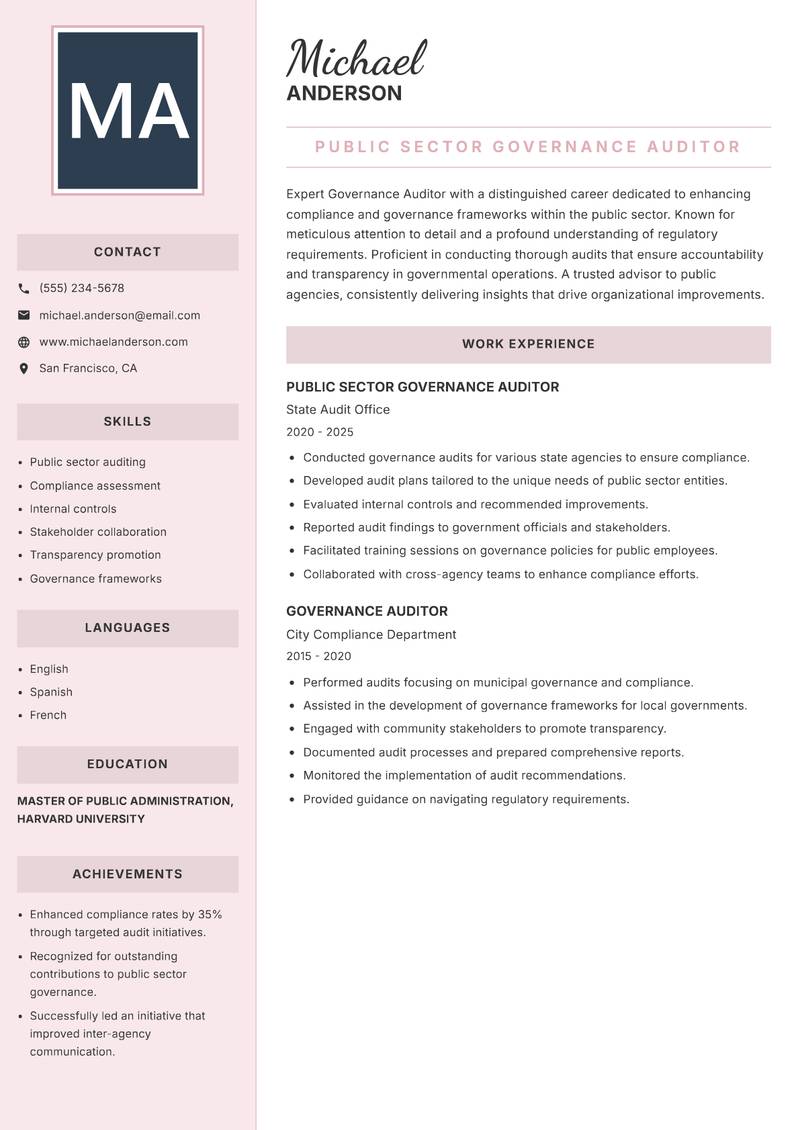 Governance Auditor Resume Preview Example