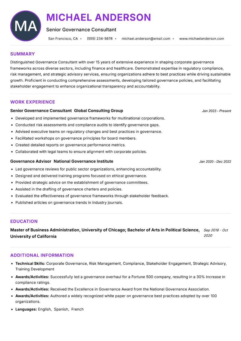 Governance Consultant Resume Preview Example