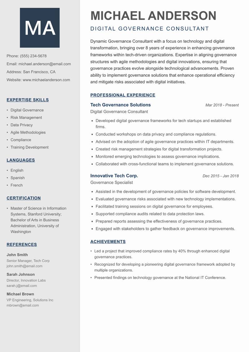 Governance Consultant Resume Preview Example