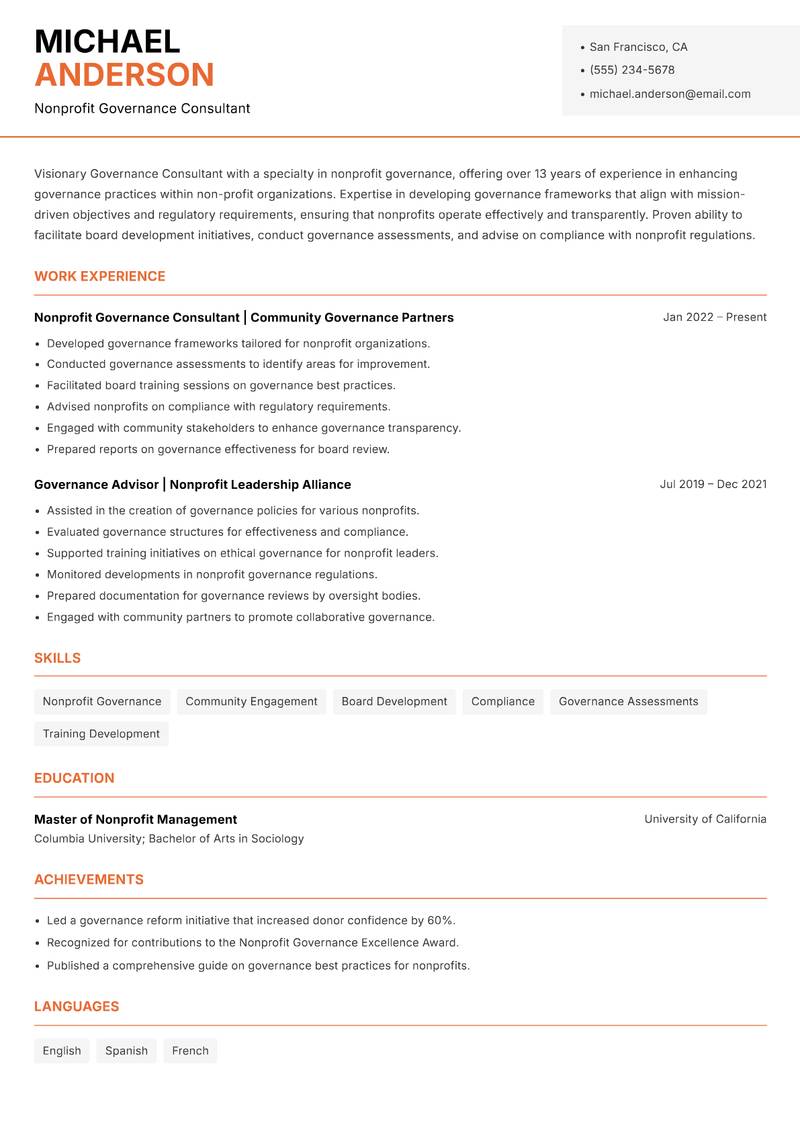 Governance Consultant Resume Template