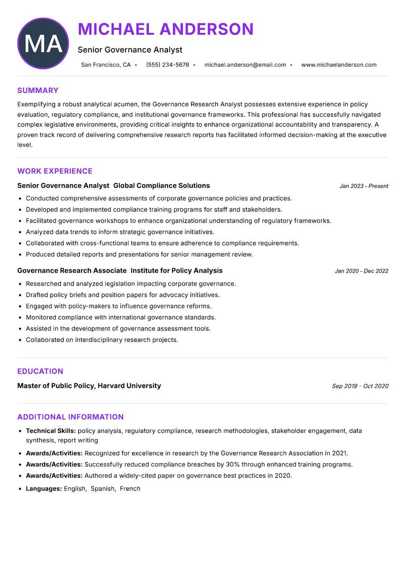 Governance Research Analyst Resume Preview Example
