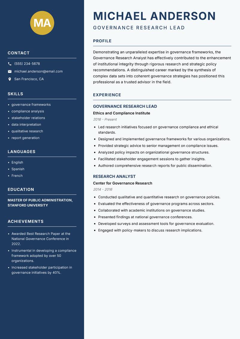 Governance Research Analyst Resume Preview Example