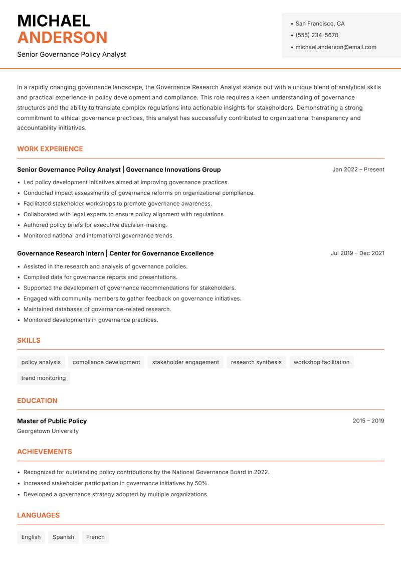 Governance Research Analyst Resume Template