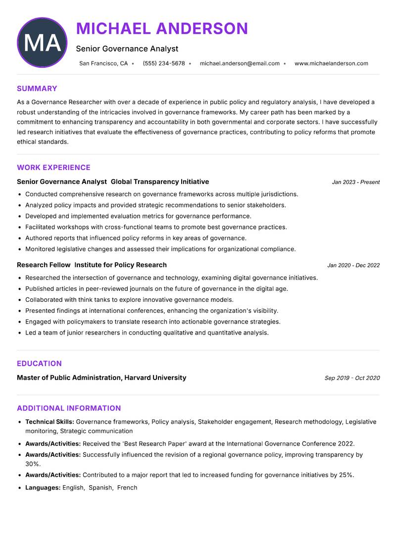 Governance Researcher Resume Preview Example