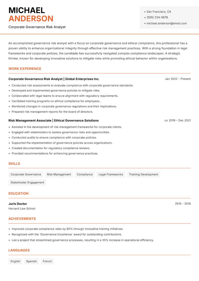 Governance Risk Analyst Resume Template