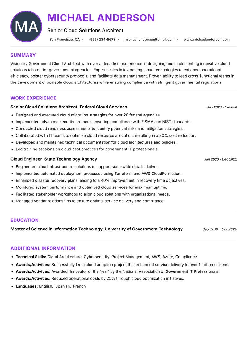 Government Cloud Architect Resume Preview Example