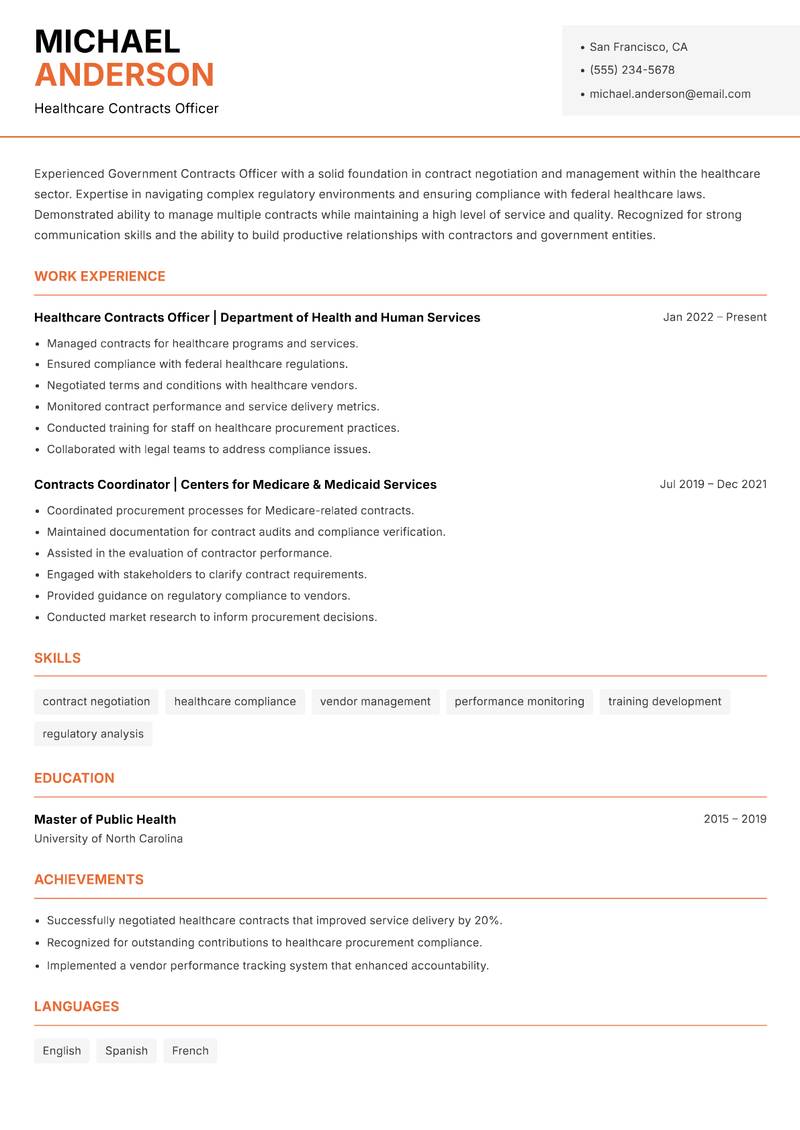 Government Contracts Officer Resume Template