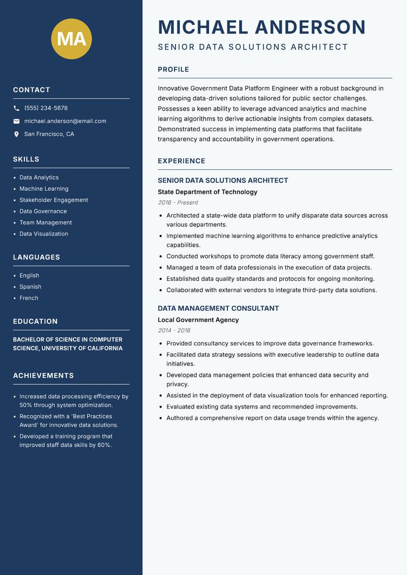 Government Data Platform Engineer Resume Preview Example