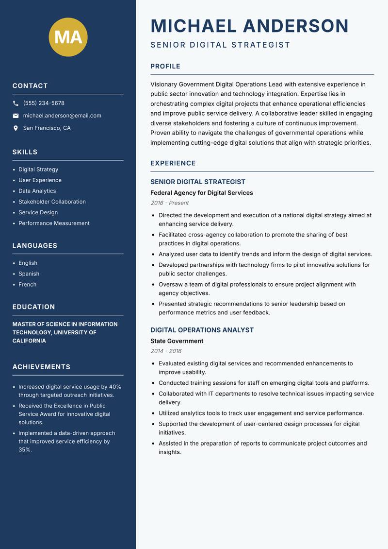 Government Digital Operations Lead Resume Preview Example