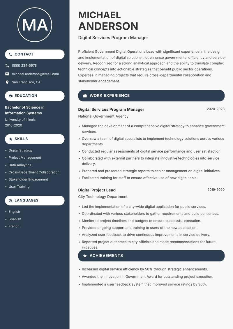 Government Digital Operations Lead Resume Preview Example