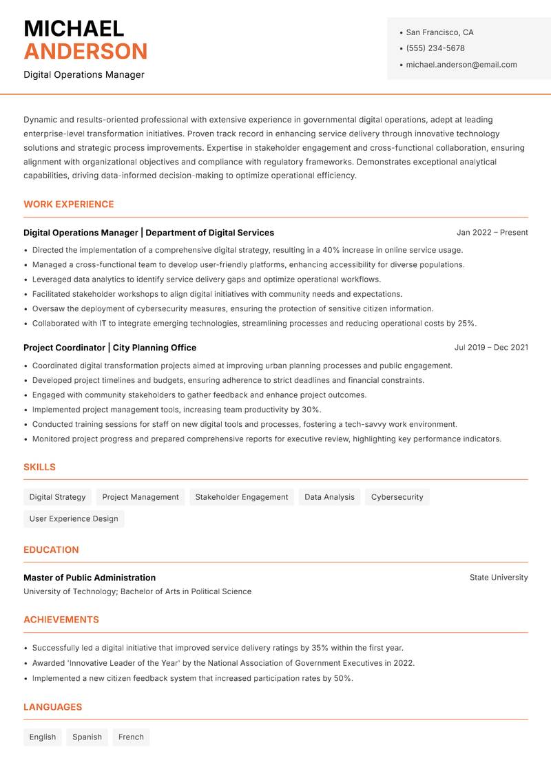Government Digital Operations Lead Resume Template