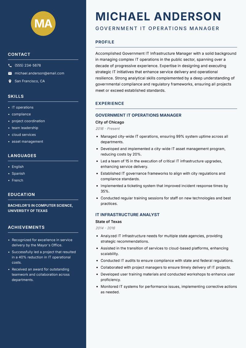 Government IT Infrastructure Manager Resume Preview Example