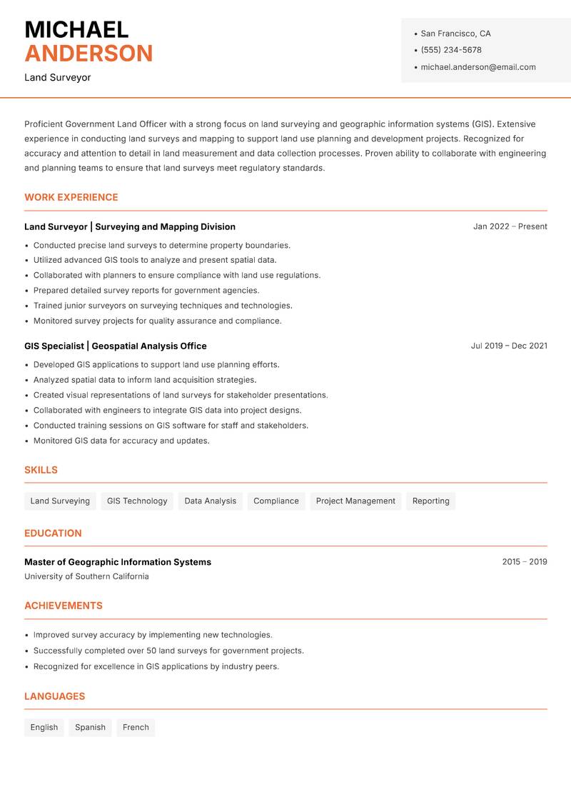 Government Land Officer Resume Template