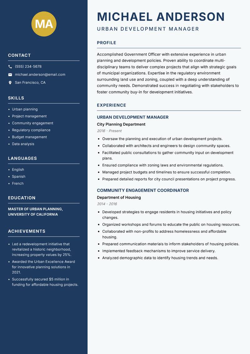 Government Officer Resume Preview Example