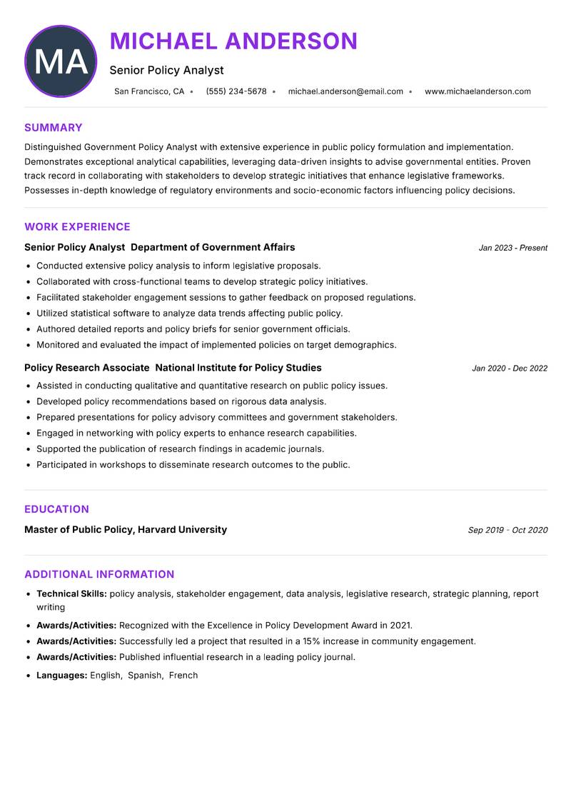 Government Policy Analyst Resume Preview Example