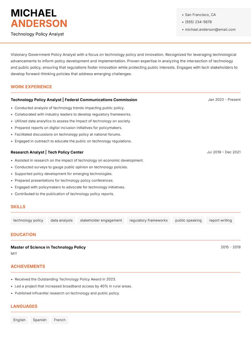 Government Policy Analyst Resume Template