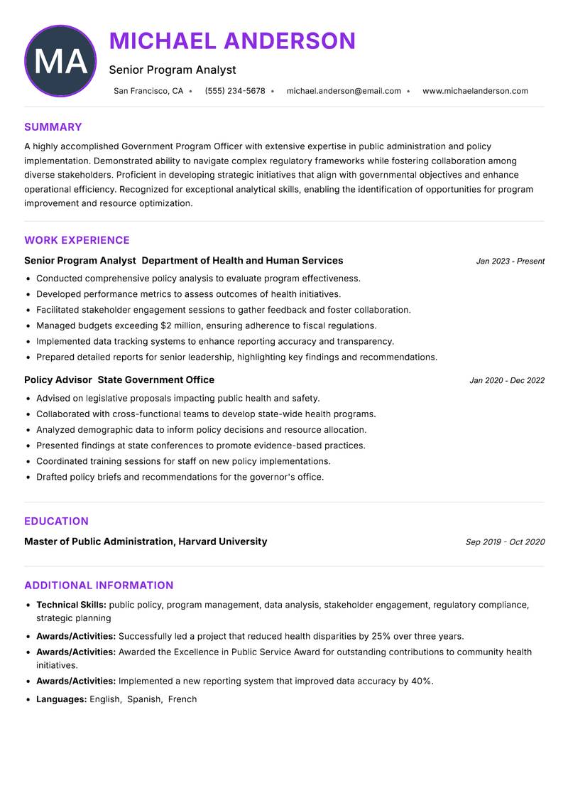 Government Program Officer Resume Preview Example