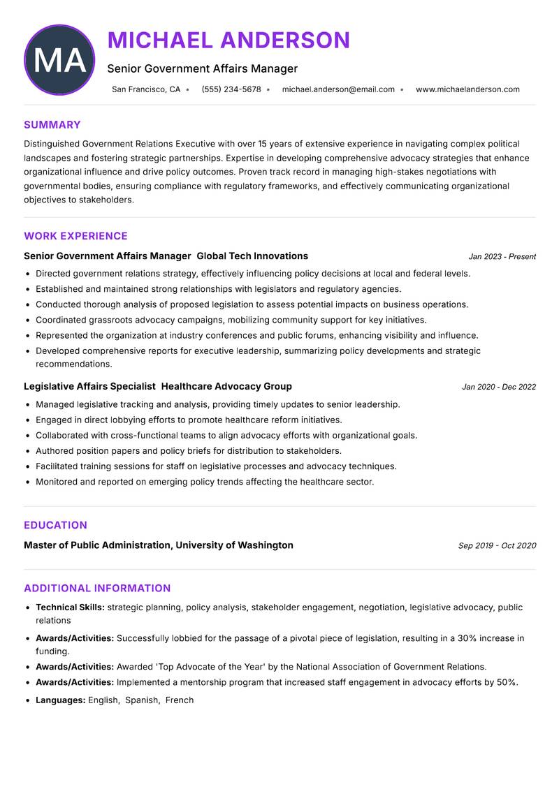 Government Relations Executive Resume Preview Example
