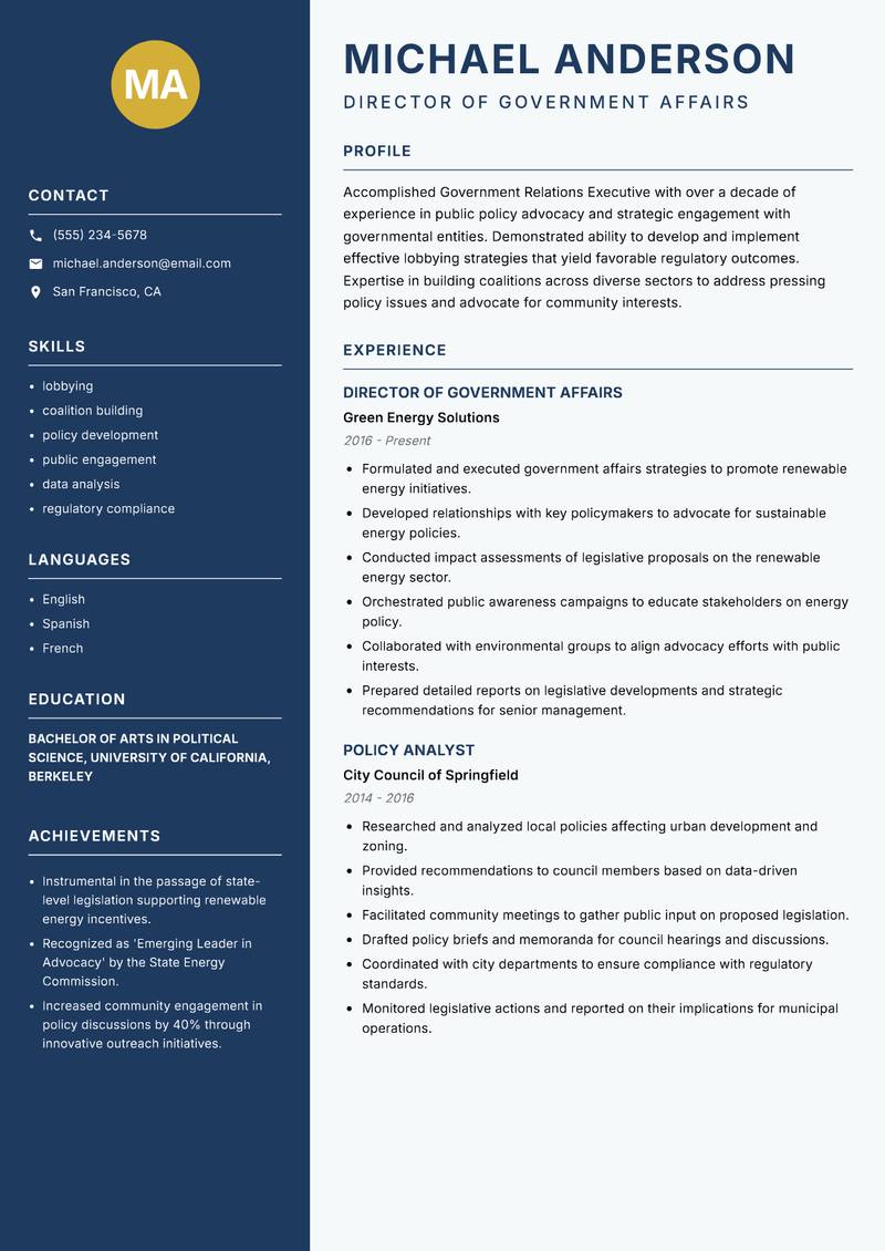 Government Relations Executive Resume Preview Example