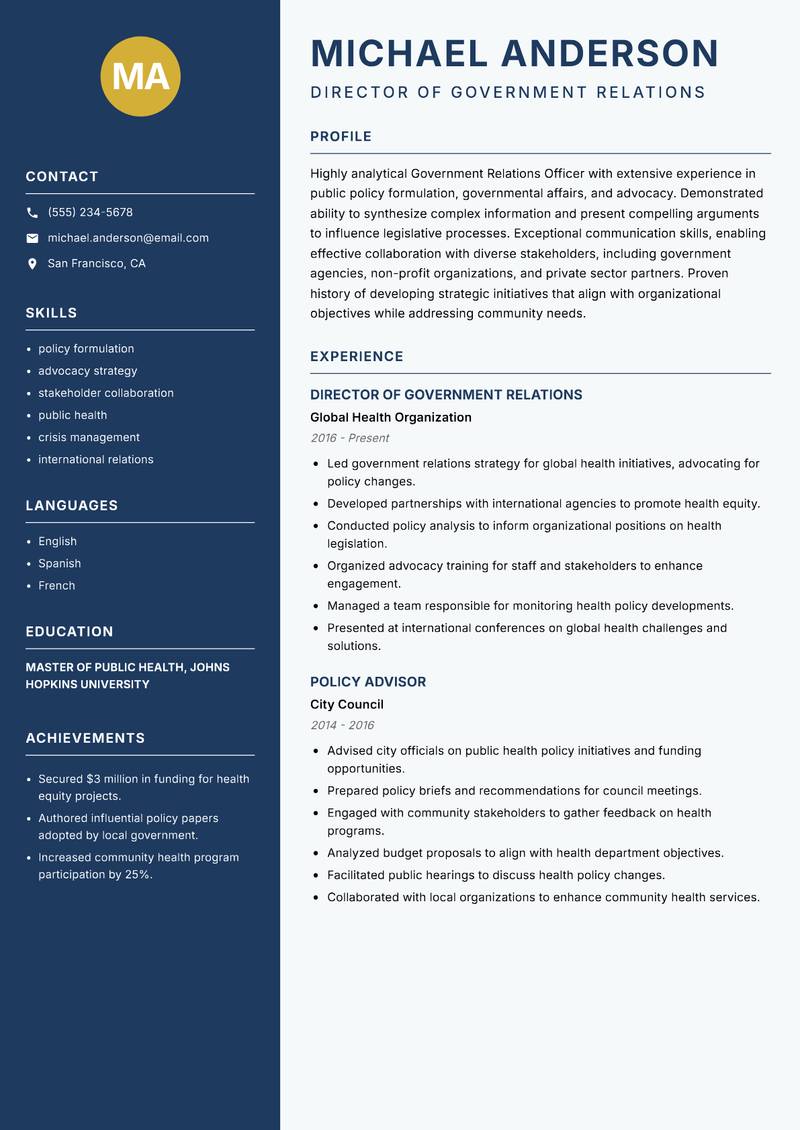 Government Relations Officer Resume Preview Example