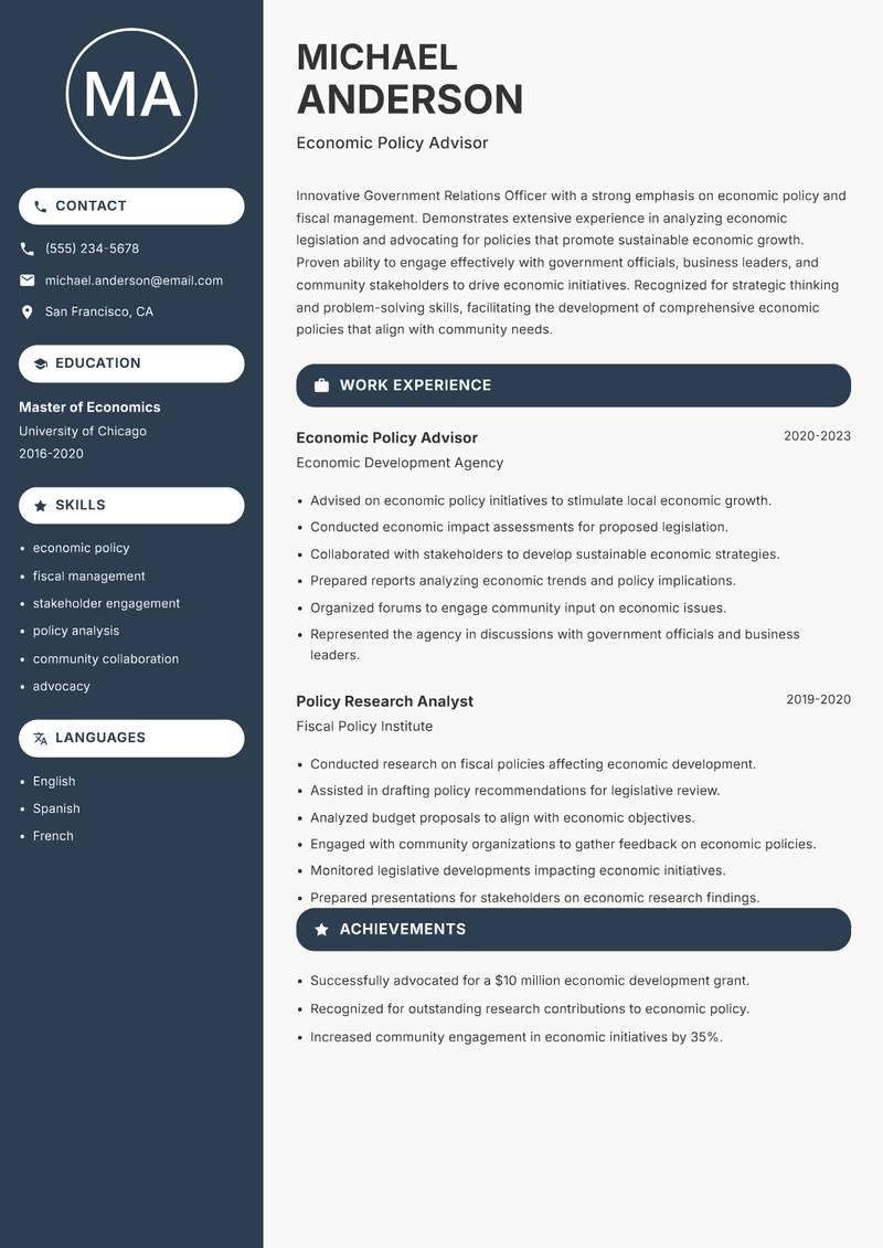 Government Relations Officer Resume Preview Example