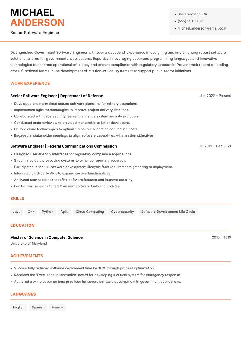 Government Software Engineer Resume Template