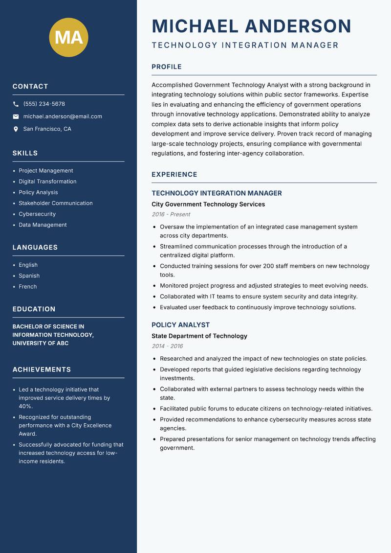 Government Technology Analyst Resume Preview Example