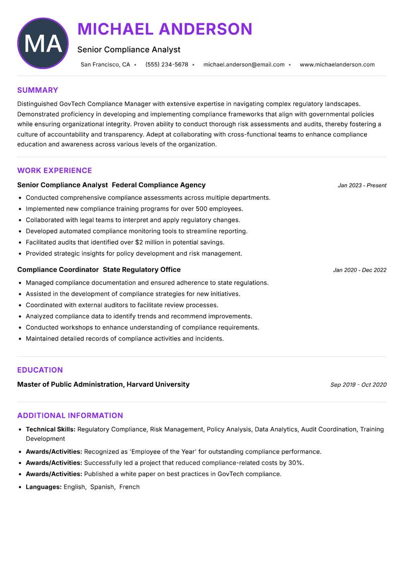 GovTech Compliance Manager Resume Preview Example