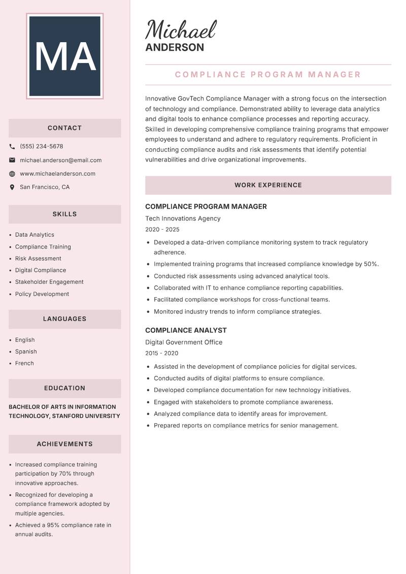 GovTech Compliance Manager Resume Preview Example