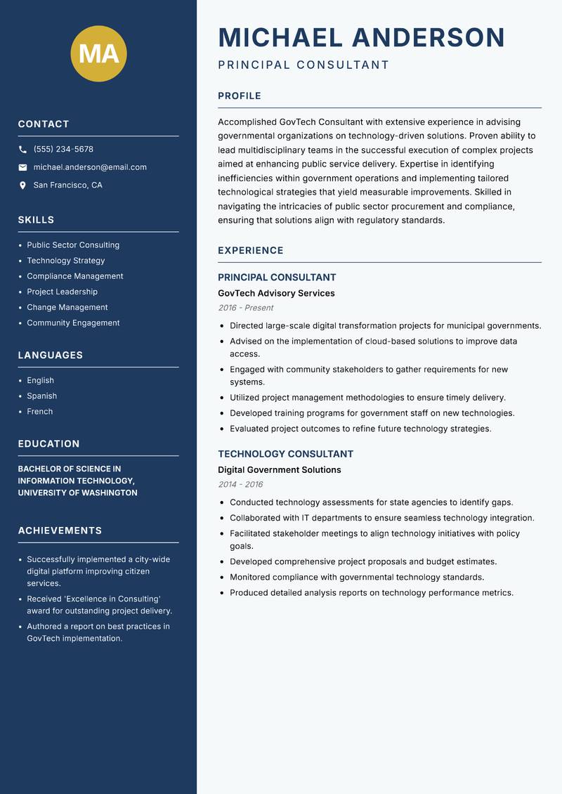 GovTech Consultant Resume Preview Example