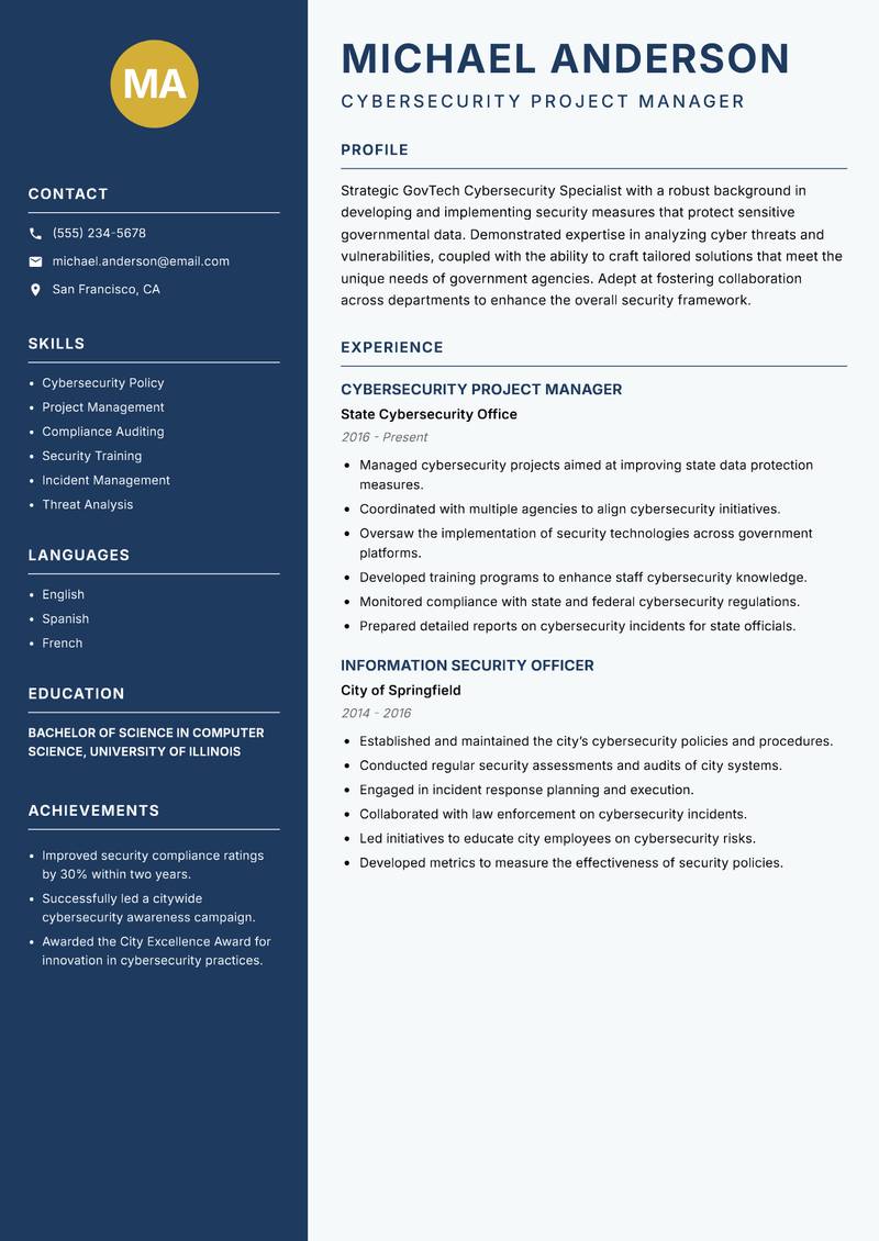 GovTech Cybersecurity Specialist Resume Preview Example