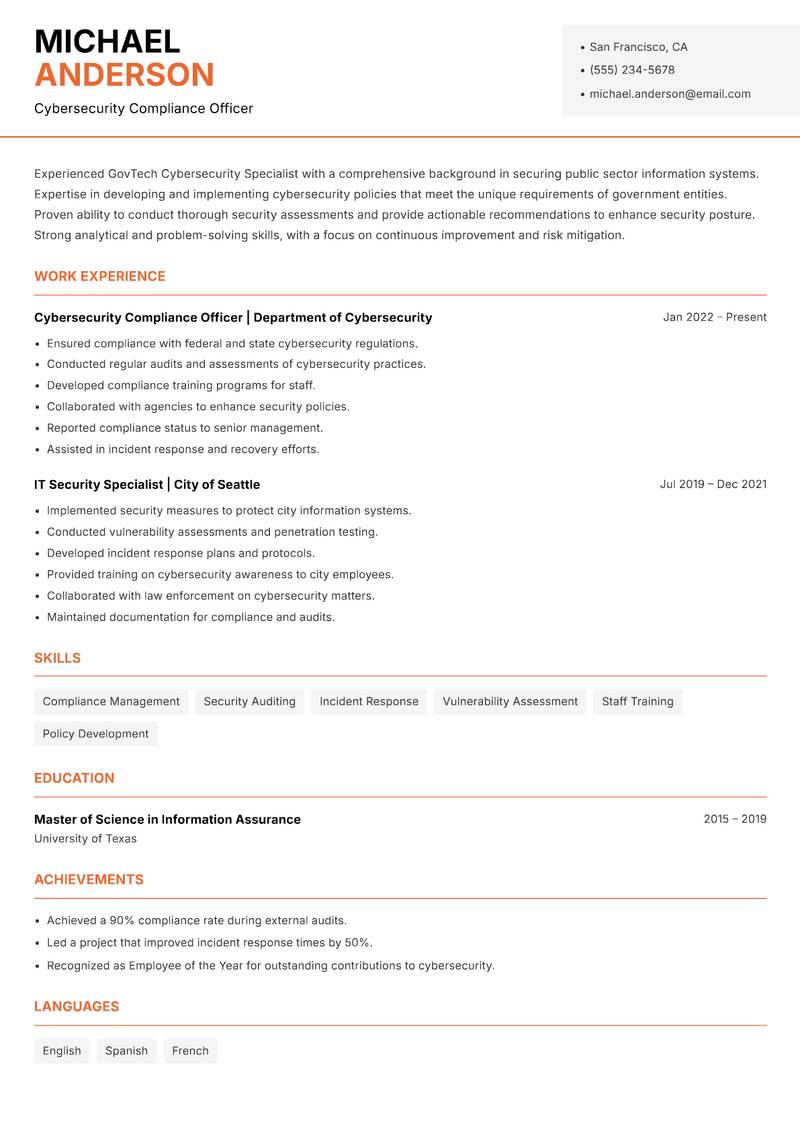 GovTech Cybersecurity Specialist Resume Template