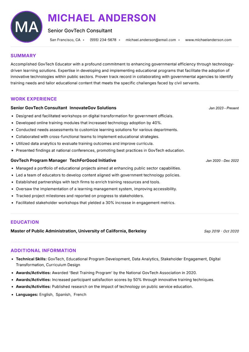 GovTech Educator Resume Preview Example