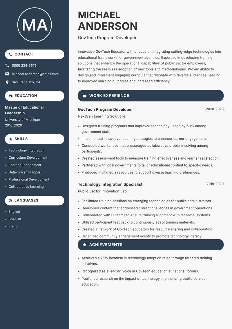 GovTech Educator Resume Preview Example