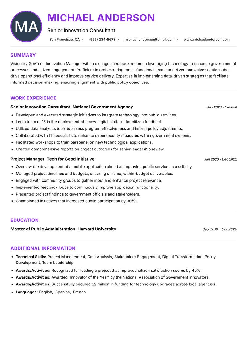 GovTech Innovation Manager Resume Preview Example