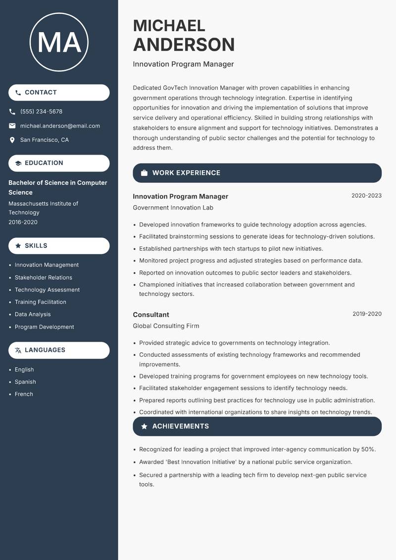 GovTech Innovation Manager Resume Preview Example