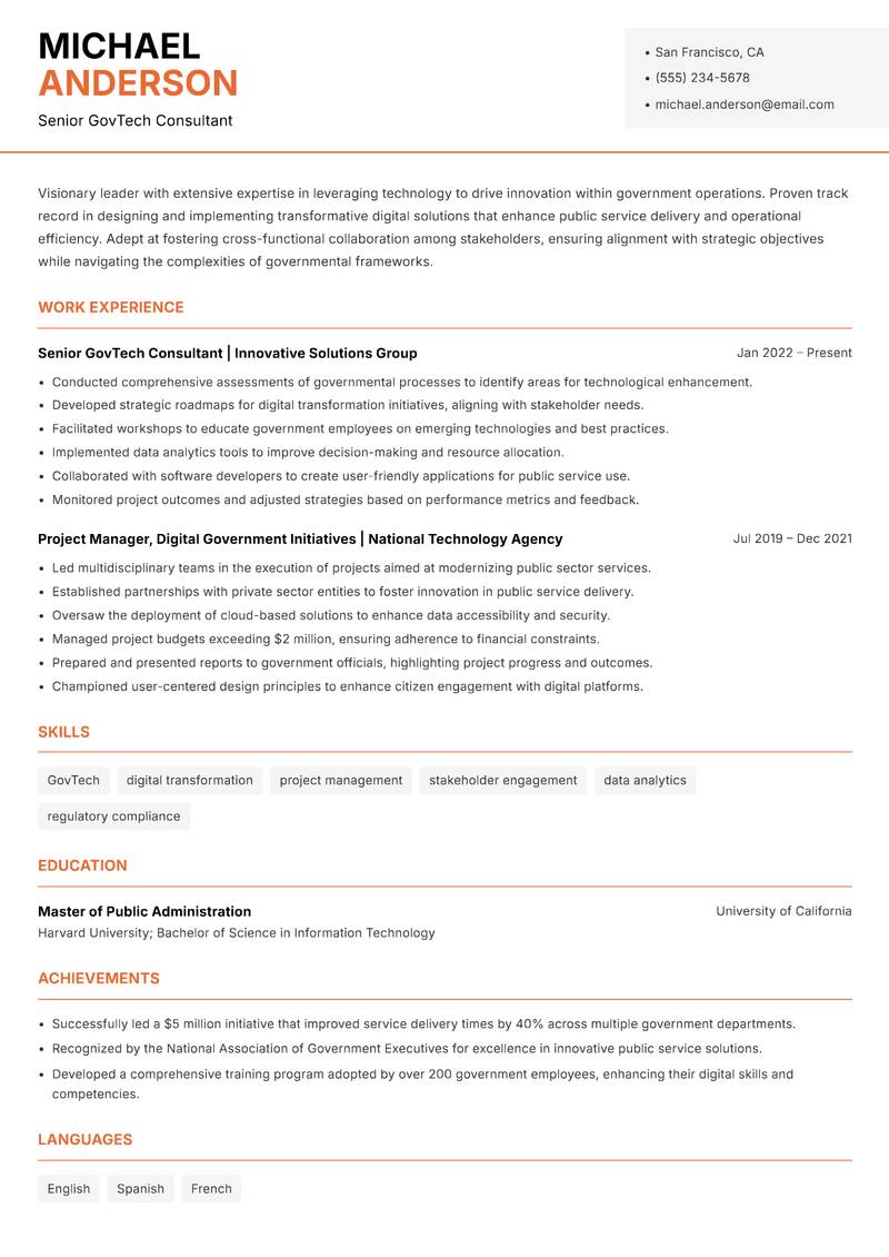 GovTech Innovation Manager Resume Template