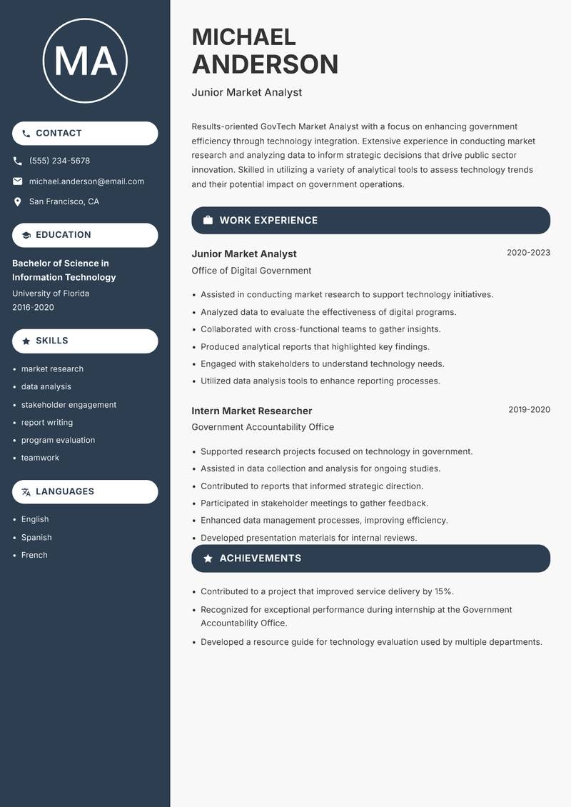 GovTech Market Analyst Resume Preview Example