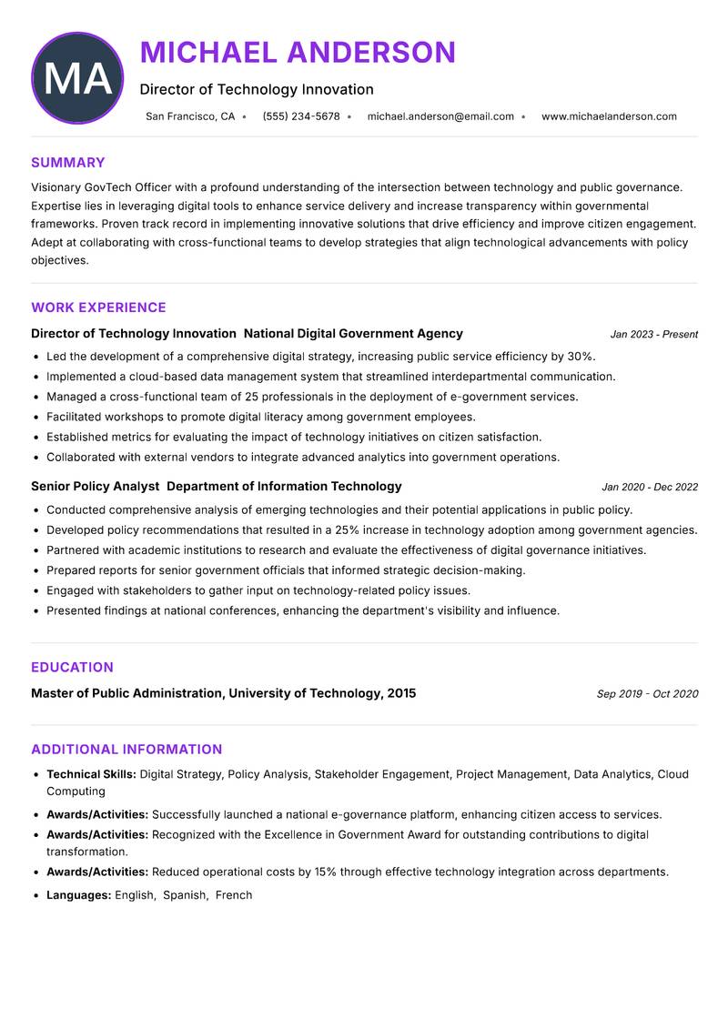 GovTech Officer Resume Preview Example