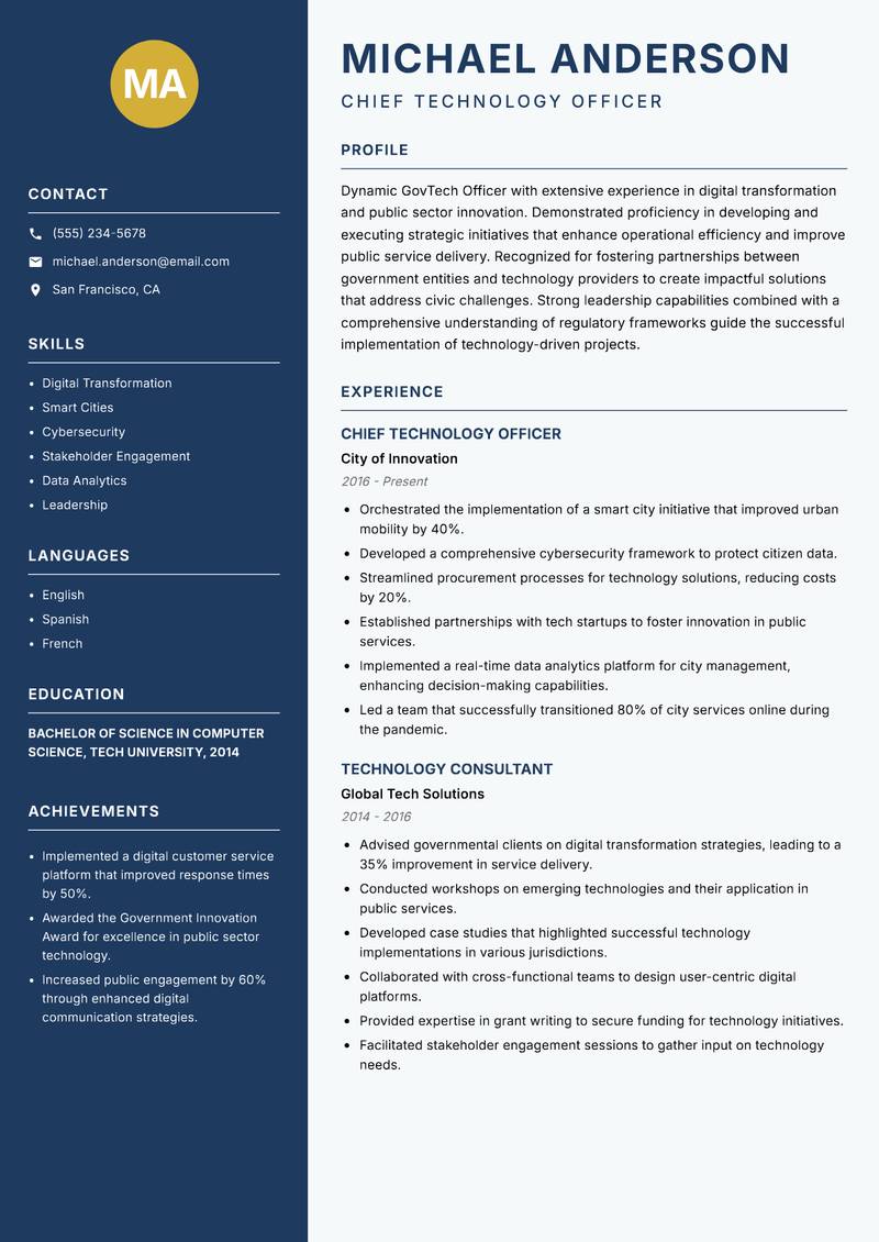 GovTech Officer Resume Preview Example