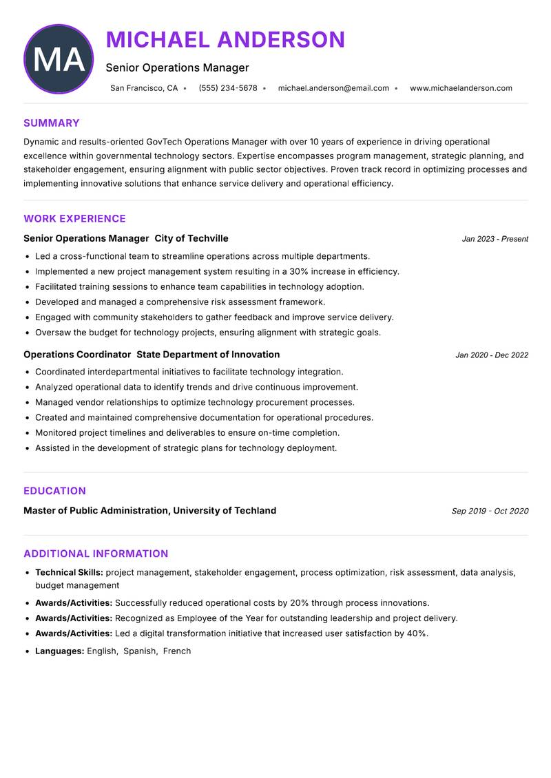 GovTech Operations Manager Resume Preview Example