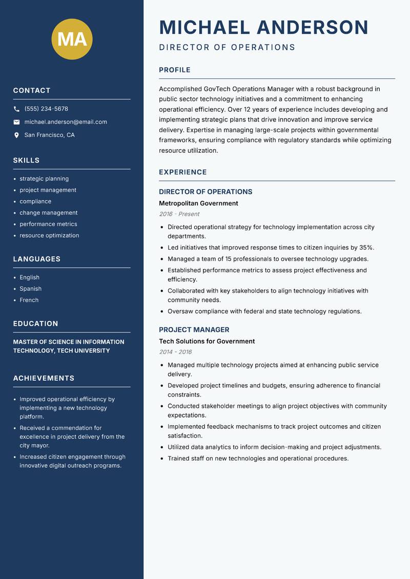 GovTech Operations Manager Resume Preview Example
