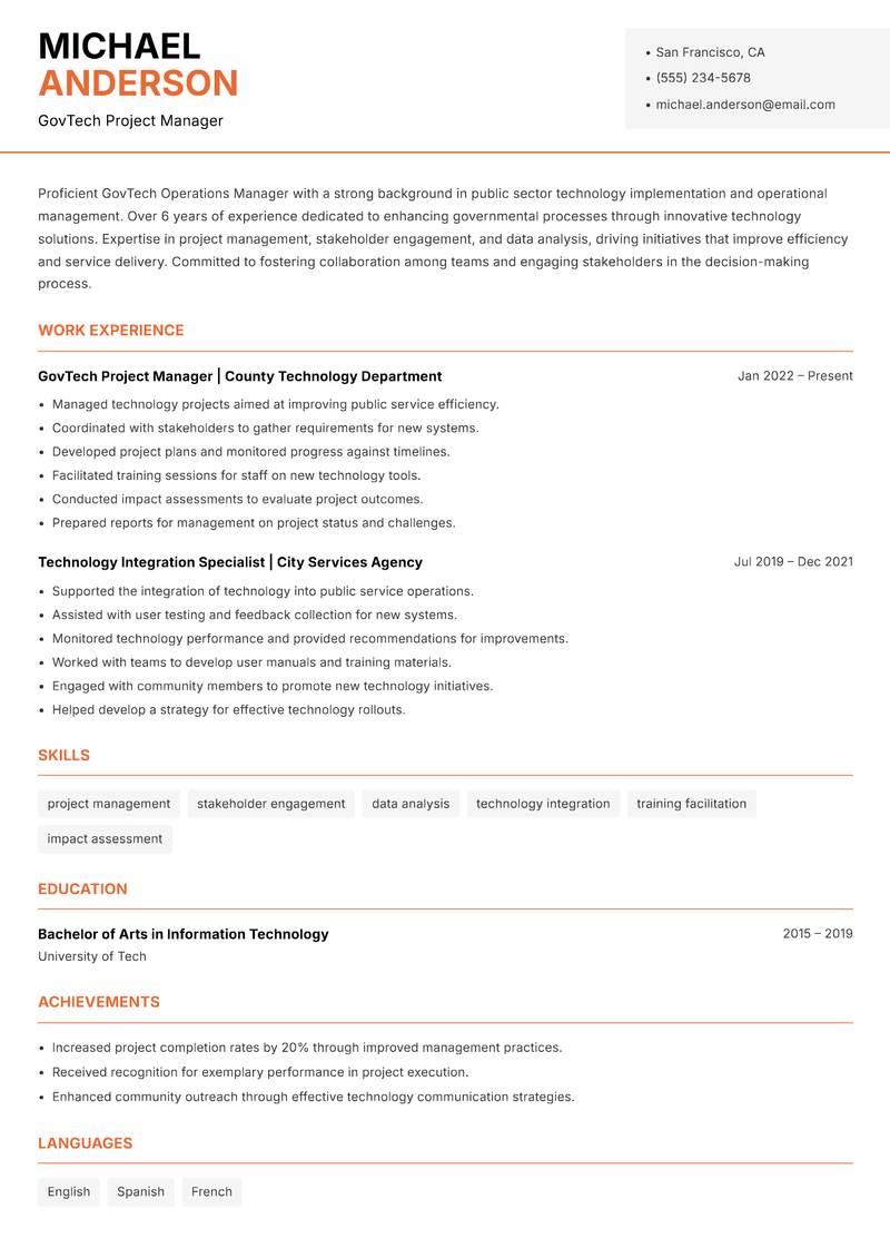GovTech Operations Manager Resume Template
