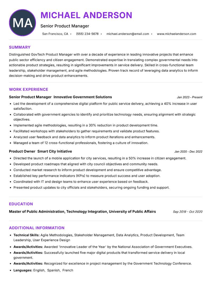 GovTech Product Manager Resume Preview Example