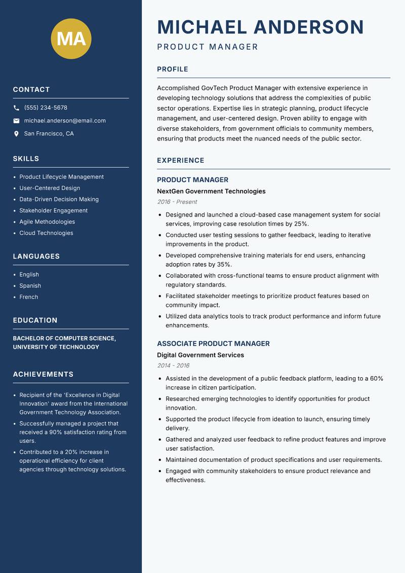 GovTech Product Manager Resume Preview Example