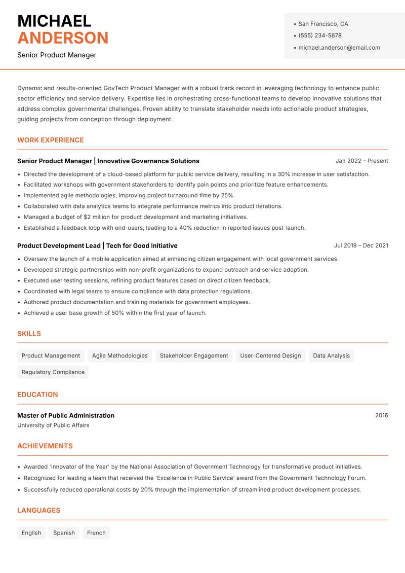 GovTech Product Manager Resume Template