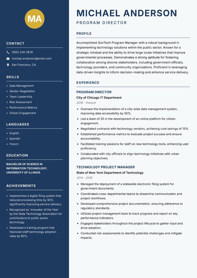 GovTech Program Manager Resume Preview Example
