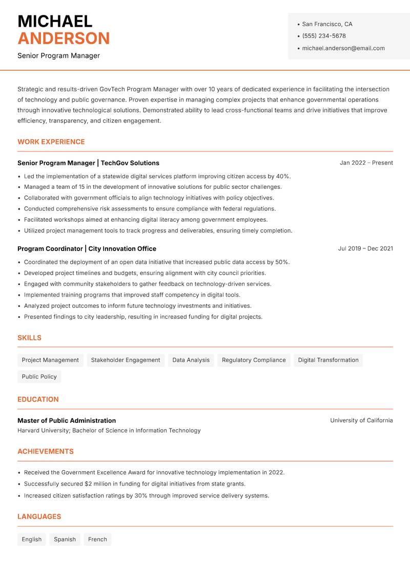 GovTech Program Manager Resume Template