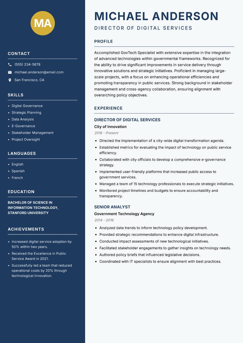 GovTech Specialist Resume Preview Example